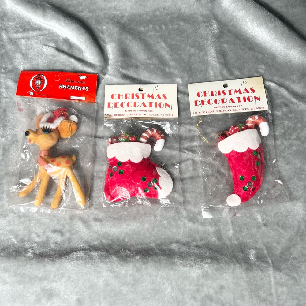 3 Vintage Christmas Ornaments Reindeer Santa Hat Stocking Red White Holiday NWT